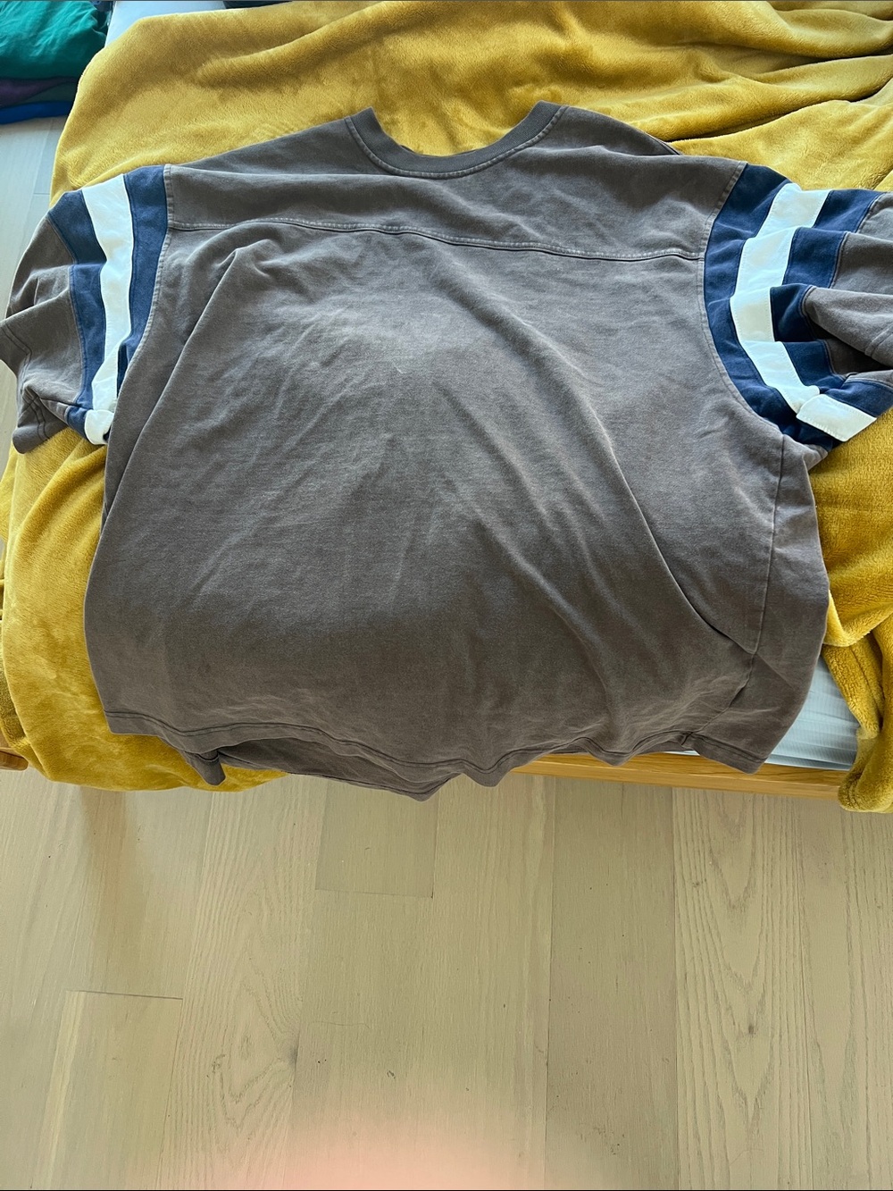 Abercrombie & Fitch Brown Crewneck Shirt with Navy and White Sleeve Stripes